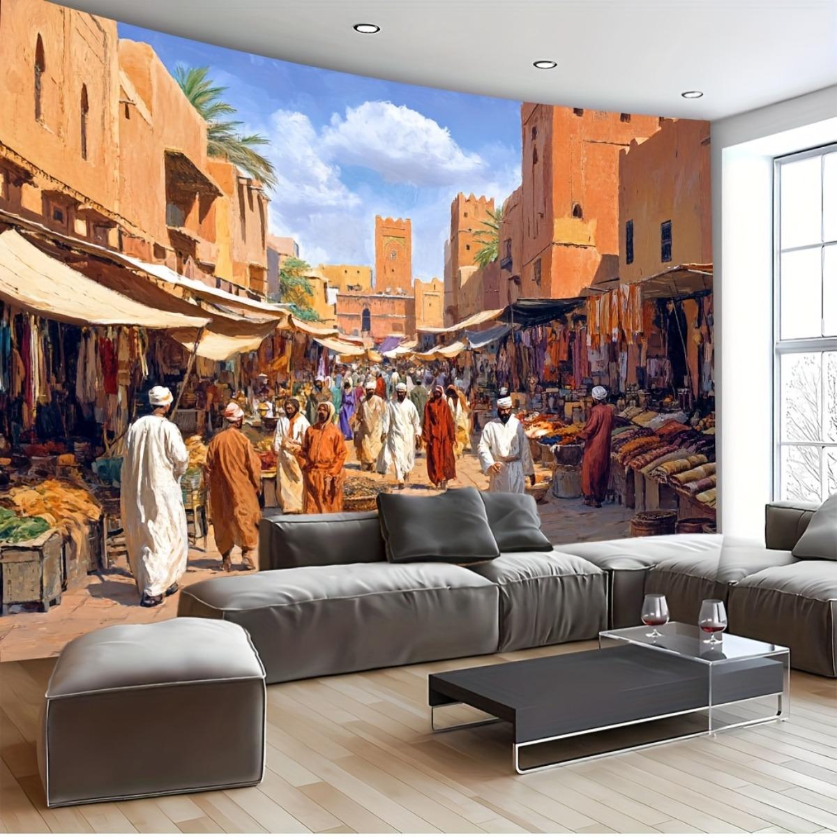 Tapisserie Murale du Marché de Marrakech Marocain - Design Vibrant de Textiles et Épices avec Motifs Marocains, Durable (/-Sans Plomb) - Décoration Culturelle Toutes Saisons pour Salon, Chambre, Mariage et Fête - Marocain