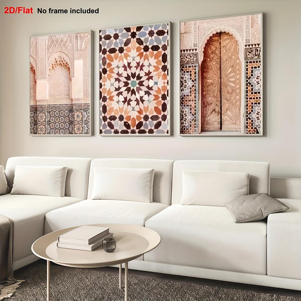 2D Plat, 2D Plat, Un ensemble de trois peintures décoratives pour pièces, Art sur toile 2D plat sans cadre, Convient comme cadeaux de Noël pour les amis, Impressions sur toile d'art mural islamique, Affiches de photos d'architecture marocai