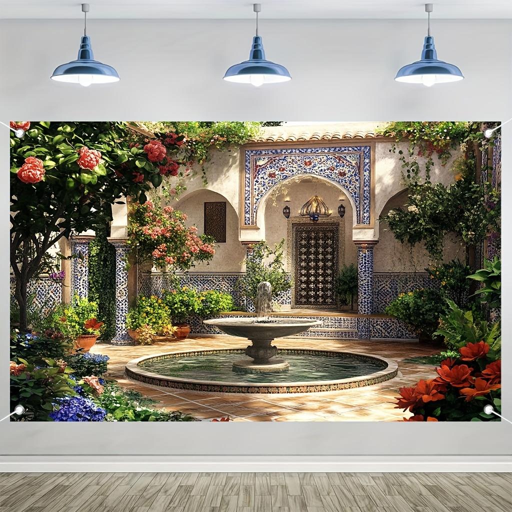Tapissierie Traditionnelle Marocaine avec Fleurs Vibrantes & Cascade - Tenture Murale en Polyester Durable pour Salon, Chambre à Coucher, Bureau, Décoration de Fête - Décor Toutes Saisons et Toile de Fond Photo, Déco Maison Marocaine