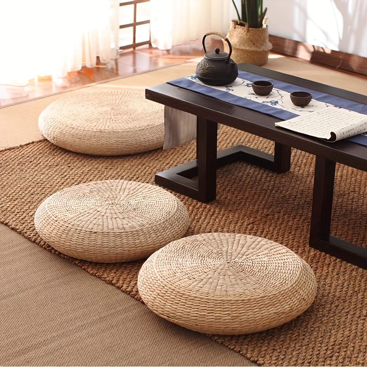 Coussin Rond Épais en Rotin Naturel - Siège de Méditation et Yoga Bohème Japonais pour Usage Extérieur, Tapis de Sol Respirant pour Zen, Balcon - Tabouret Durable en Fibre Naturelle pour Chaise/Lit/Escalier (Compatible)