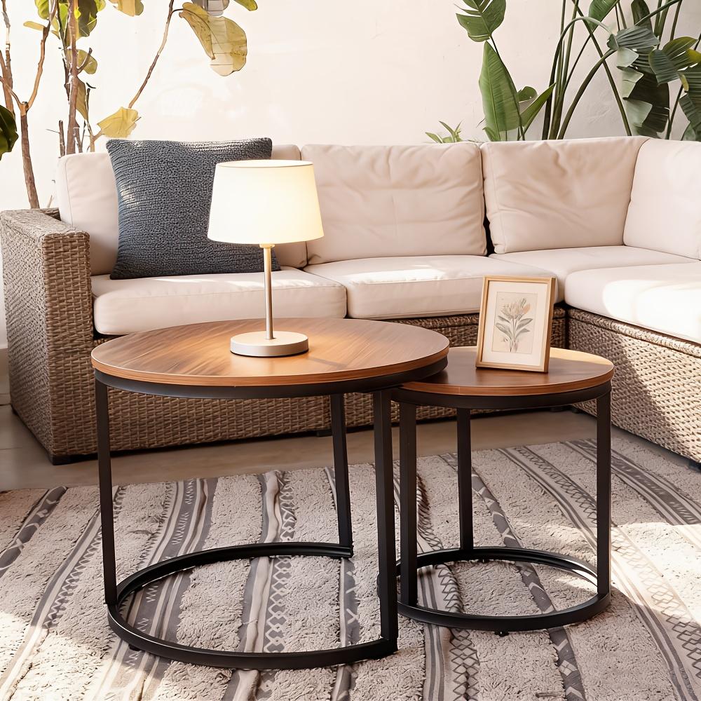 Ensemble de 2 tables basses imbriquées, plateau noir, tables en bois, cadre métallique noir et pieds antidérapants, tables d'appoint rondes pour salon, chambre, appartement, style industriel moderne, balcon, jardin, bureau