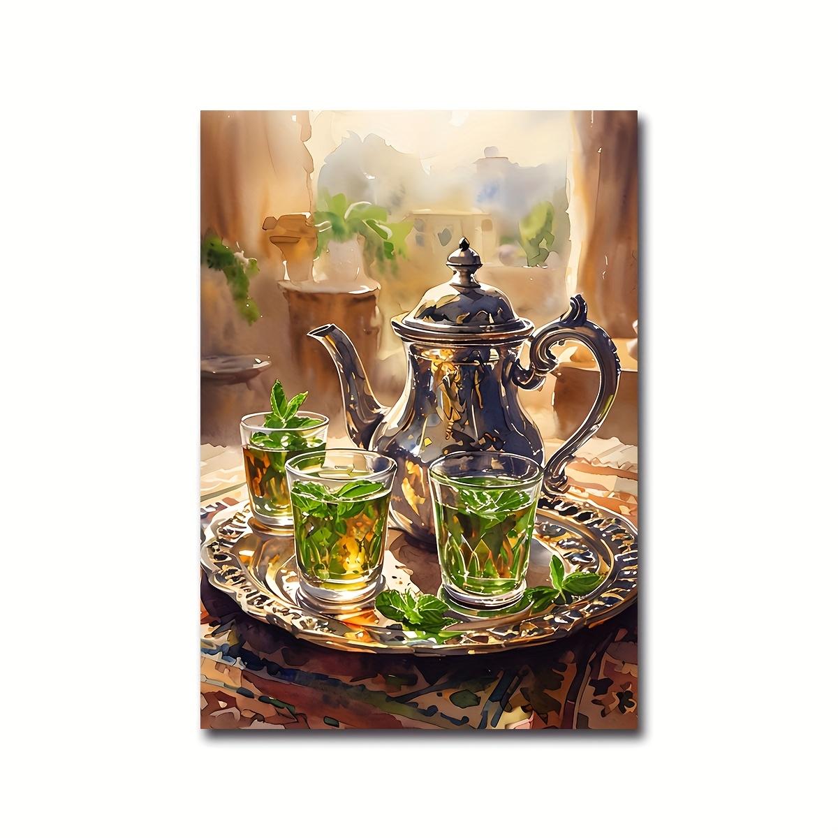 Art mural plat 2D, pièce unique de théière marocaine avec une peinture de style bohème, impression de décoration méditerranéenne culturelle en aquarelle, affiche d'art de Marrakech pour décoration marocaine, sans cadre