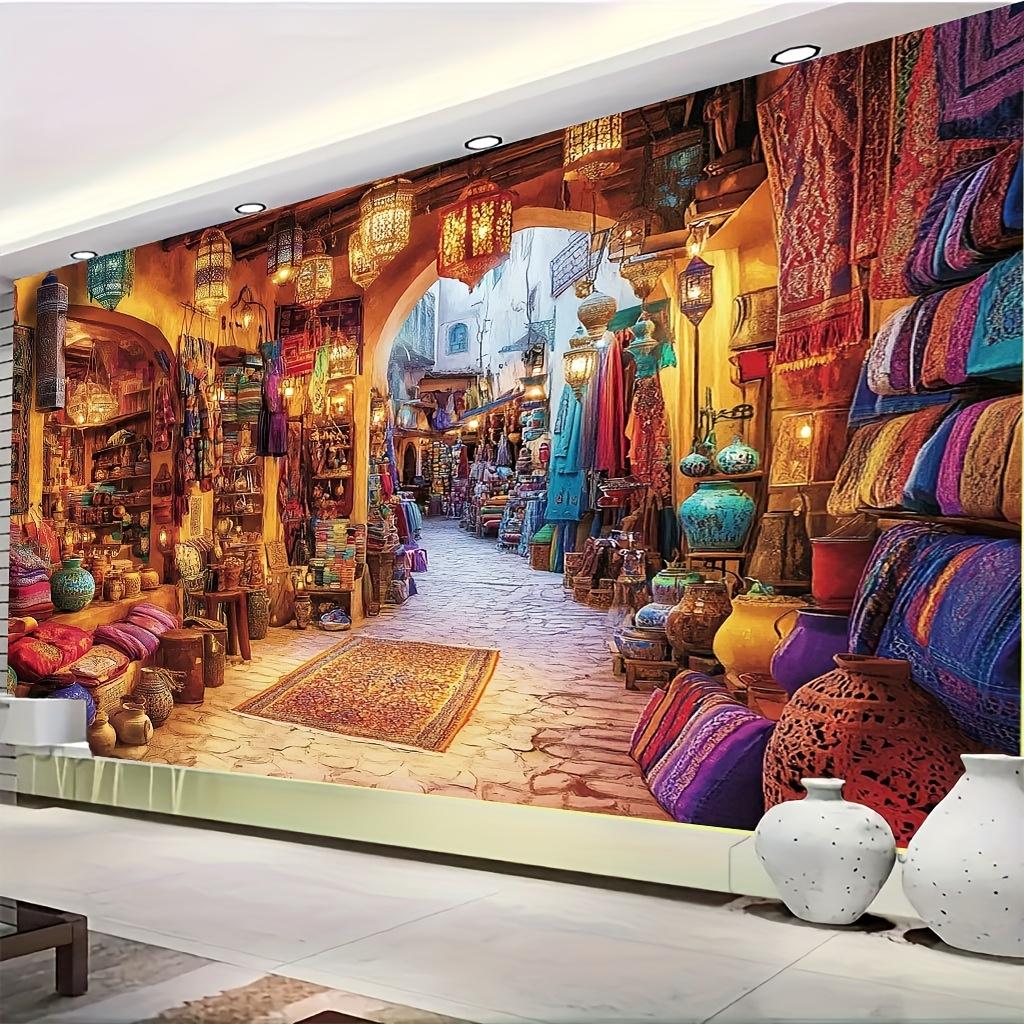 Tenture Murale Marocaine 2D Plate, 1 Pièce - Grand Design de Bazar Oriental avec Épices, Aspect Tissé à la Main pour Décoration, Fond d'Événement ou Séance Photo - Scène Traditionnelle du Souk de Marrakech (Art Mural Culturel Vibrant, 2D)