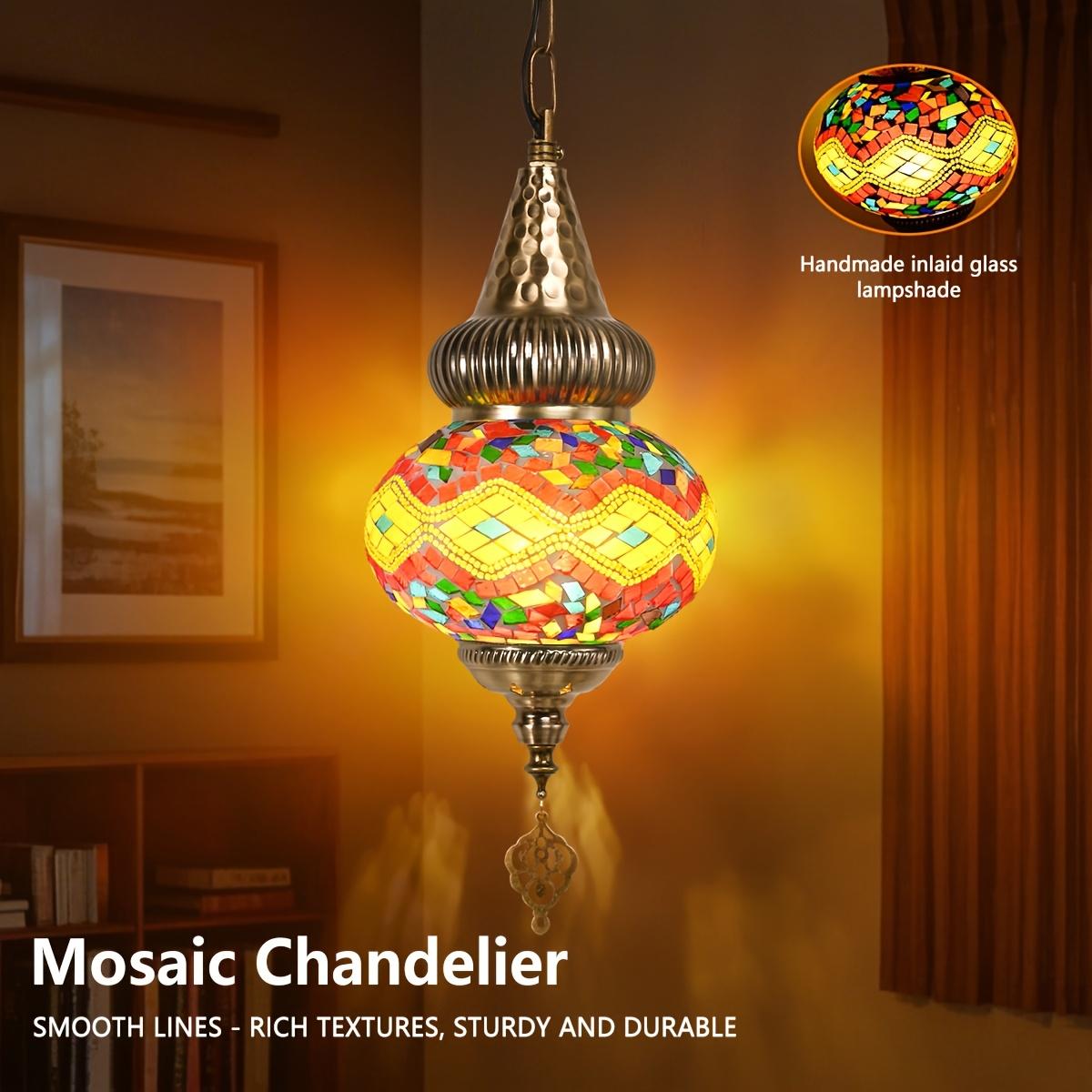 Lustre à suspension mosaïque turco-marocain, applique avec environ 6,1 mètres de corde et chaîne, feuille de vitrail entièrement faite à la main, décoration exotique méditerranéenne, convient pour salon, chambre, couloir, entrée, sans ampou