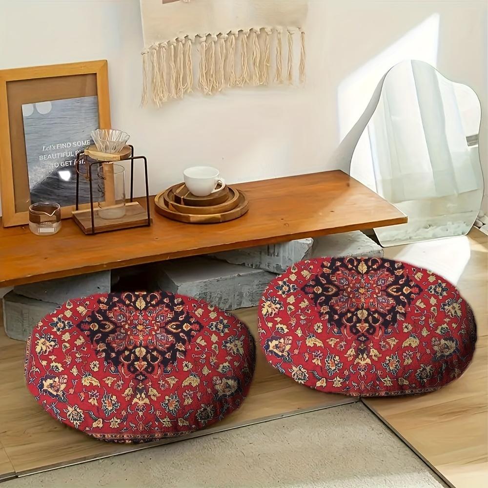 Coussin de méditation - Rembourrage rond doux en microfibre, texture perse du temps de Yung-Amoung avec fond rouge et un design floral complexe en vue d'affichage plat sur le dessus, impression 16X16Lnch Coussin de sol rondttpan412