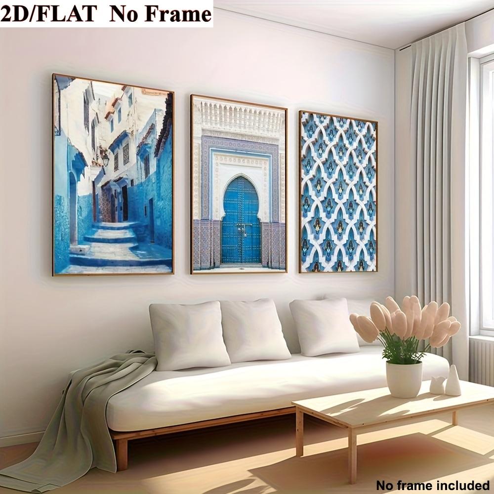 Ensemble de 3 peintures décoratives plates sans cadre, style marocain élégant, art mural architectural islamique, décoration moderne pour salon bleu, cadeau d'entrée simple et artistique pour maison ou fête, art plat en 2D