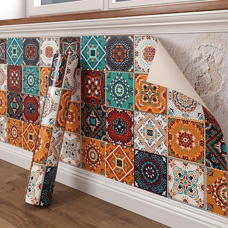 1 Rouleau Nouveau 2025 Papier Peint Adhésif Boho Compatible Multi- - Décollable & Imperméable à l'Huile Décoration Murale Vinyle avec Panneaux de 40cm/40cm ou 40cm/3m, Installation Facile, Salon, Chambre - Géométrique Bohème
