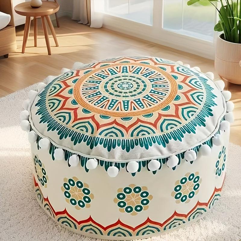 Tabouret Ottoman Rond - Motif Mandala Traditionnel en Turquoise, Orange, Beige, Blanc, Noir - Coussin Amovible Lavable - Siège Antidérapant pour Salon, Chambre, Bureau - Base en Tissu avec Intérieur Polyester - Décor d'Intérieur Facile à Ne