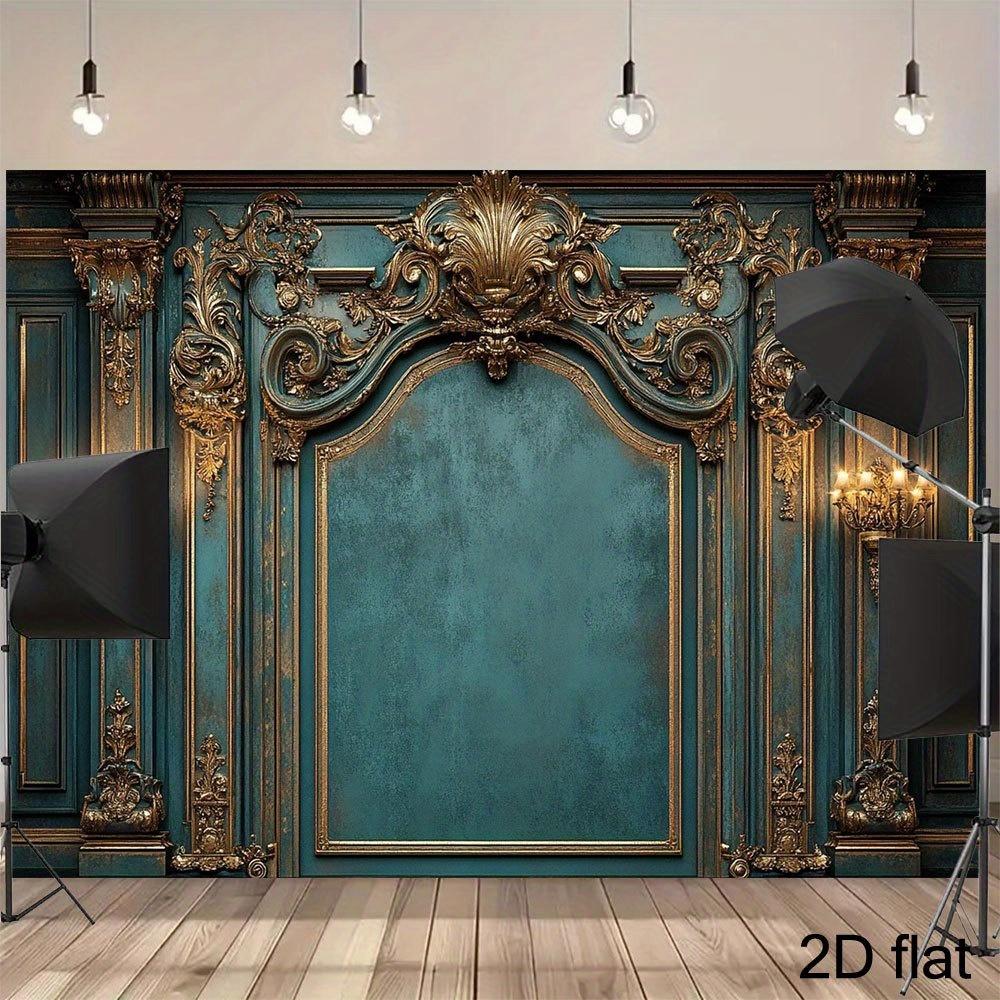 1 Panneau mural orné en teal avec bordure dorée et appliques - Style baroque rococo victorien antique - Fond photographique hyperréaliste pour luxe, mariages, séances photo - Panneau mural élégant pour décoration de studio ou murale, plat 2