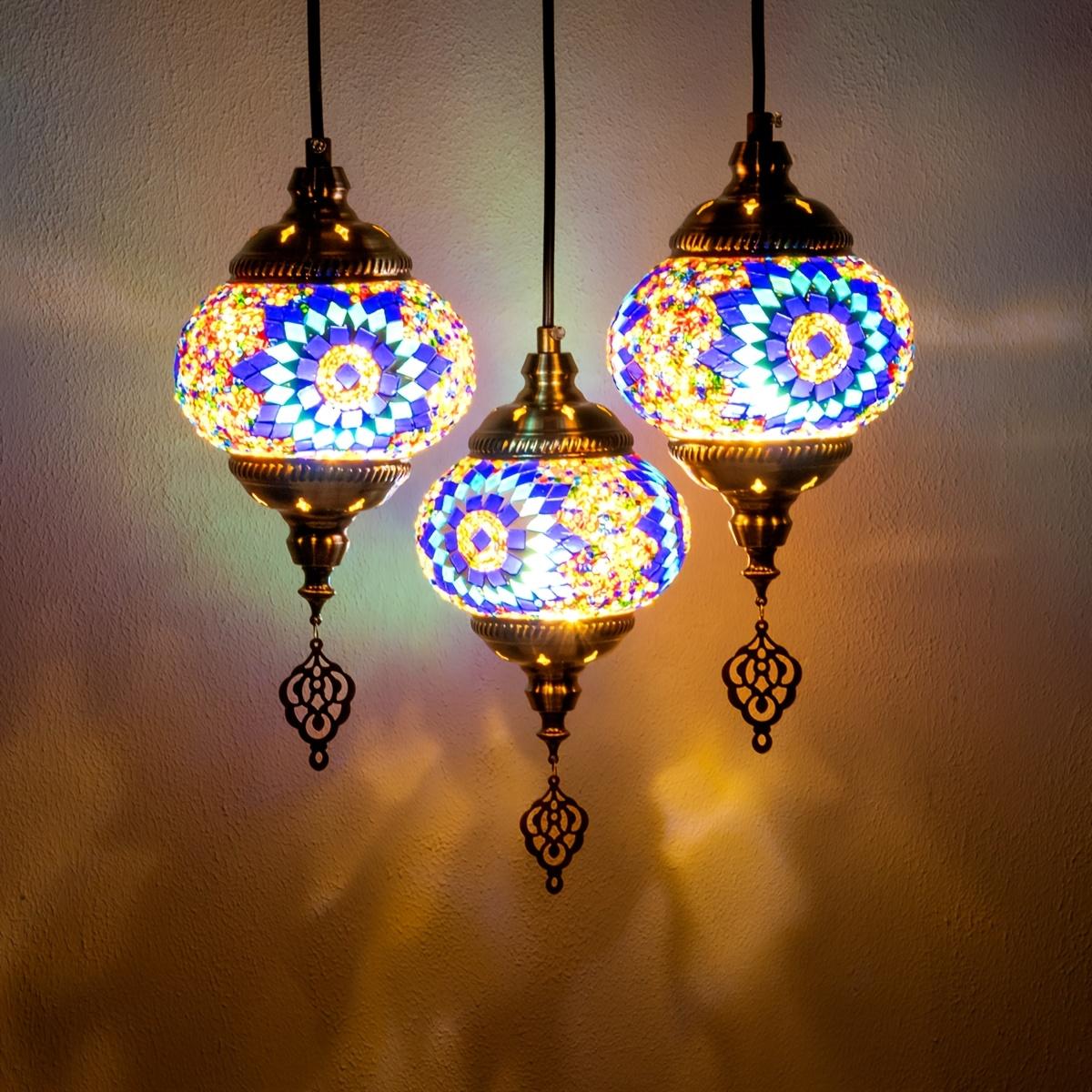 Lustre à trois bras en mosaïque turco-marocaine, douille E27, verre fait main, décoration de style méditerranéen (ampoules non incluses)Ouvrir dans un nouvel onglet.