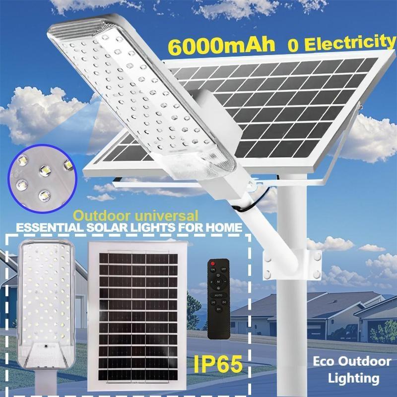 Projecteur solaire, lampe murale LED, éclairage extérieur, batterie lithium 6000mAh, contrôle intelligent de la lumière, télécommande incluse, charge solaire, 74 perles LED haute luminosité, idéal pour jardins, pelouses, garages et champs