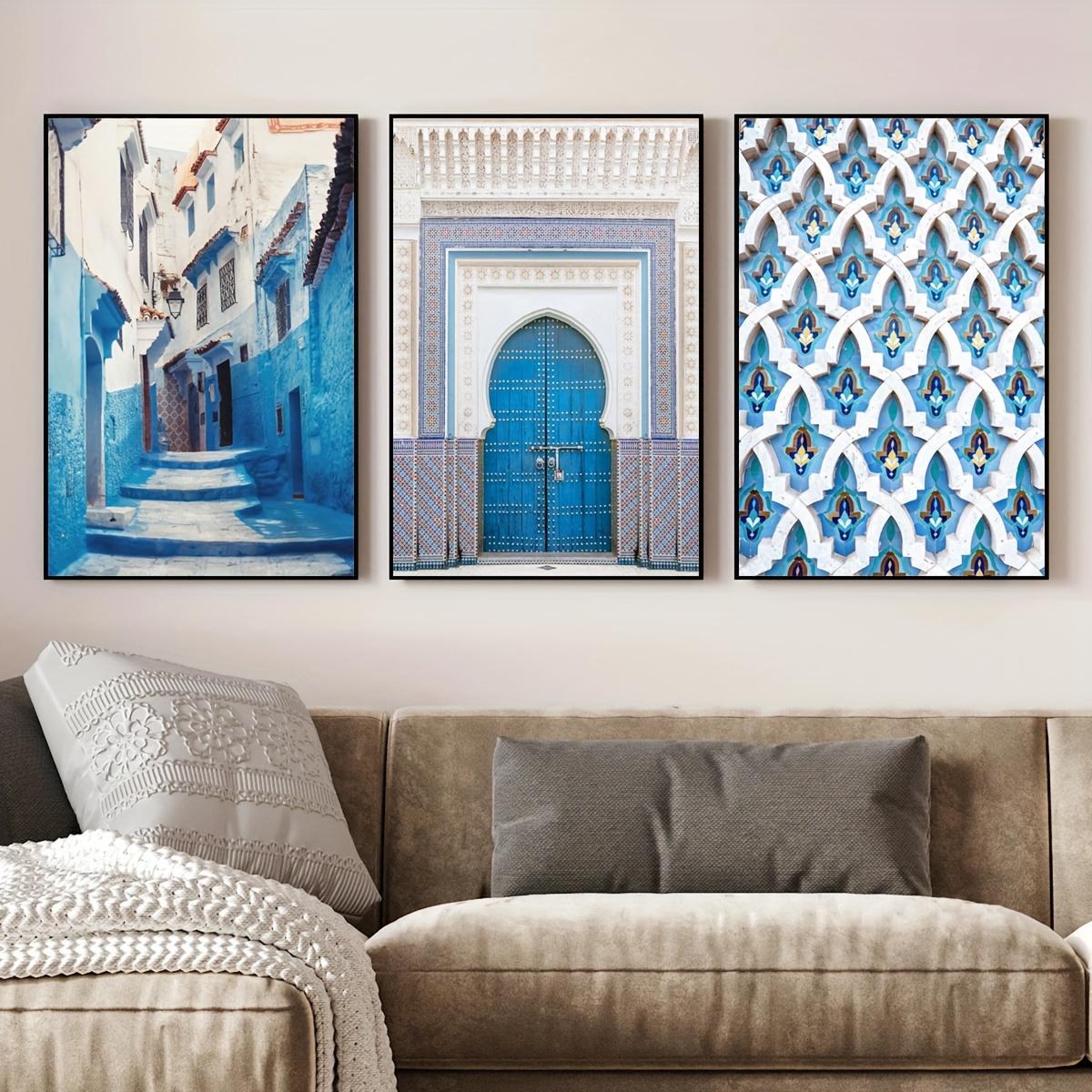 3 pièces/Ensemble Affiches Toile, Architecture Islamique, Porte Marocaine, Décoration Murale Arabe, Tableau Bleu Marocain pour Salon, Chambre, Restaurant, Café, Bureau, Imprimé Résistant à l'Eau, Peinture d'Art, Cadeau pour Amis, Sans Cadre