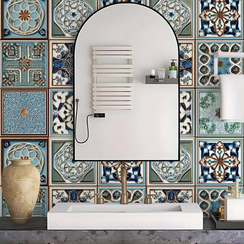 Lot de 9 carreaux de papier peint autocollants géométriques marocains - Feuilles en vinyle PVC imperméable adaptées pour salle de bain, sols - Décor de mosaïque marocaine traditionnelle (Installation facile, sans colle), 2D plat