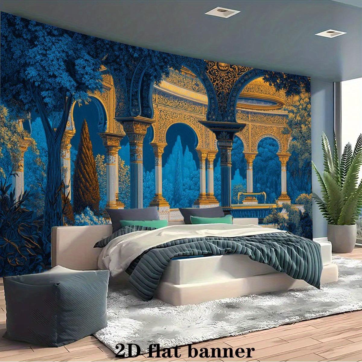 Papier peint islamique arabe luxueux 2D plat, 1 pièce - Bannière musulmane autocollante pour mariages, Ramadan, décoration de soirées arabes - Nuances saphir minuit, toile durable, installation facile (sans outils/électricité), 2D plat