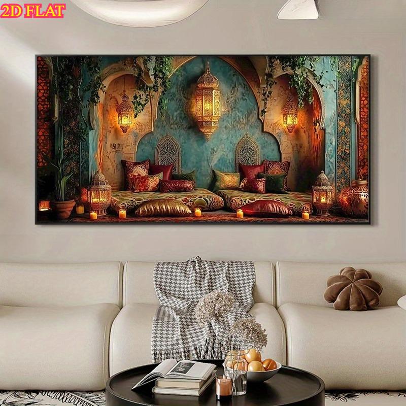 Tenture Murale Marocaine Horizontale Grande 2D Plate, 1 pièce - Art sur Toile avec Motifs Géométriques Islamiques en Turquoise, Doré, Marron et Beige, Décor Moderne du Moyen-Orient Sans Cadre pour Grands Murs - Design Arabesque Complexe, 2D