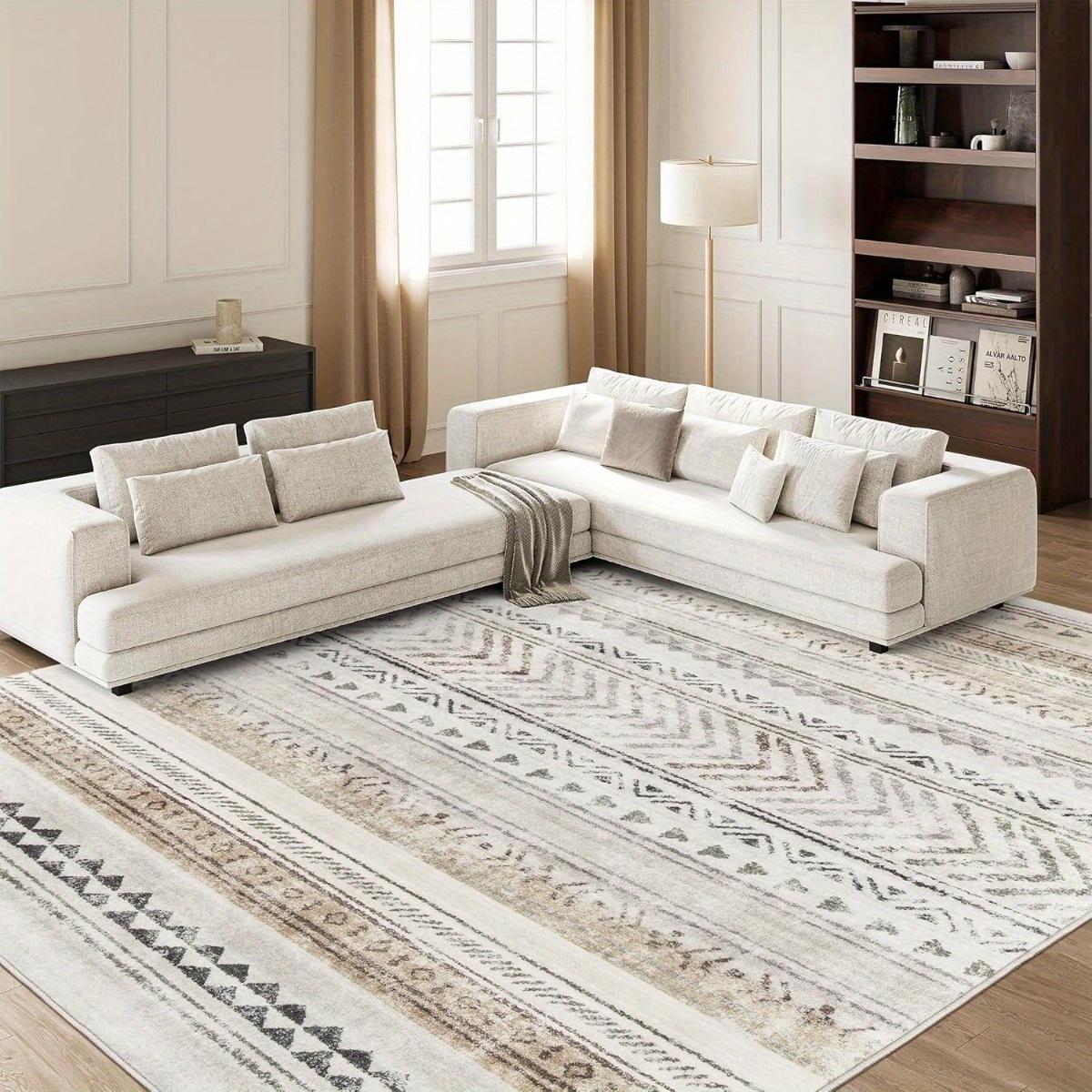 Tapis de sol bohème marocain en velours – Beige, Marron, Noir, Blanc, Gris, Tapis de sol beige, Tapis doux lavables en machine pour salon, chambre, couloir, salle de bain – Tapis de sol jumbo pour décoration intérieure moderne, avec beige