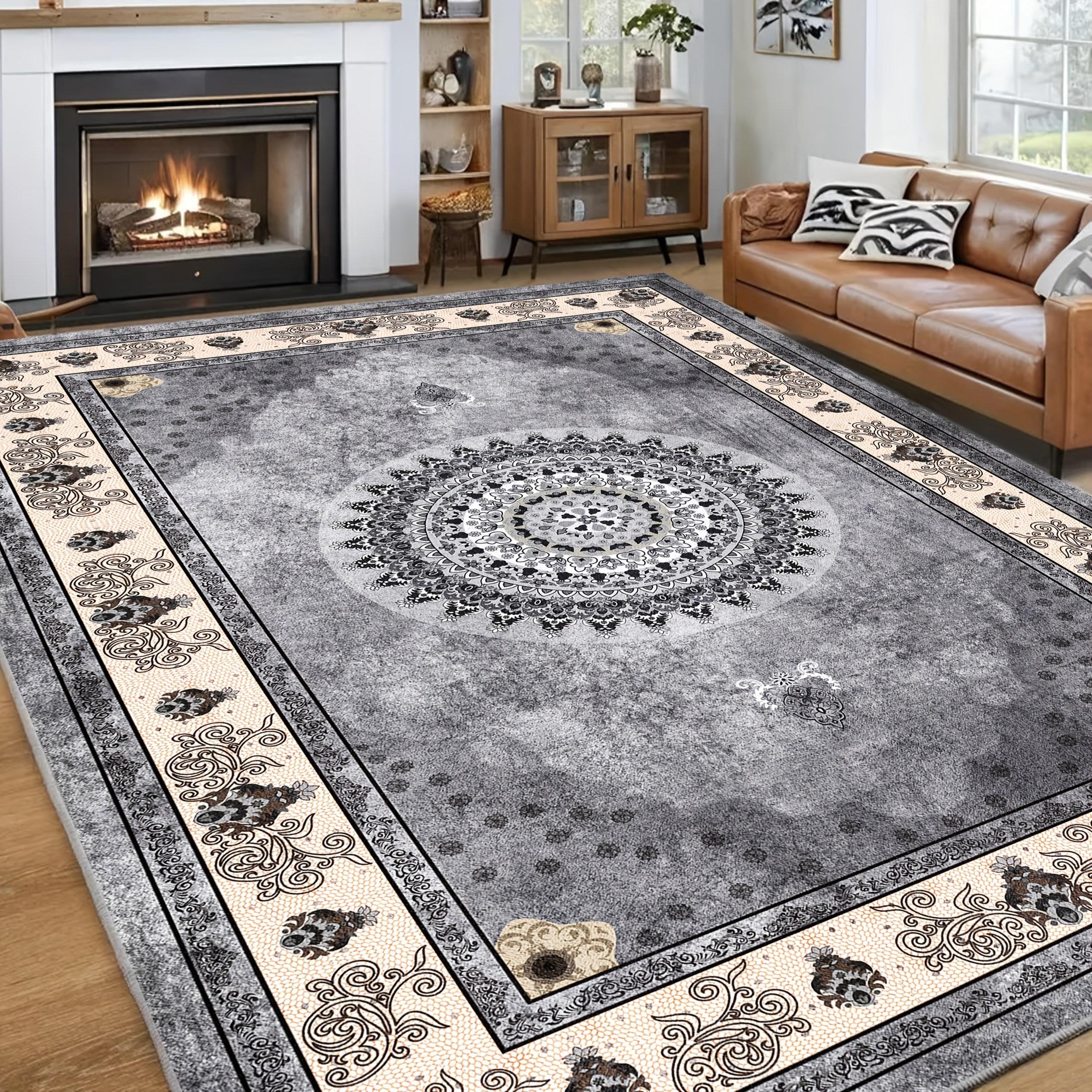 Tapis 1 pièce grand format en velours robuste, 850 g/m², motif floral persan bohème vintage avec bordure cachemire, envers antidérapant, lavable en machine, 100 % , convient pour salon, chambre, zones à fort passage, gris/beige/noir/blanc