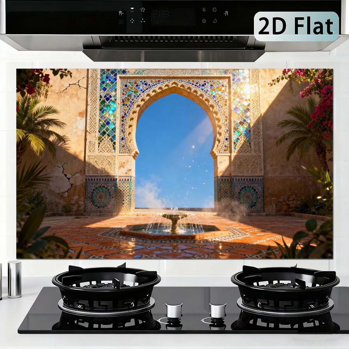 1pc Grand Papier Peint Mosaïque Marocaine Arche & Fontaine Autocollant - Vinyle PVC Auto-Adhésif Motif Cour Arabe Culturel, Amovible pour Décoration de Maison (59,99cm x 100,0cm) - Installation Facile pour Cuisine/Salon, Plafond, Plat 2D