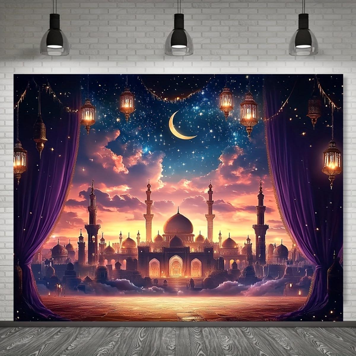 1pc Fond Mural Palais Marocain Nuits Arabes - Architecture Islamique en Violet Foncé, Doré, Bleu, Marron & Turquoise - Durable pour Ramadan, Aïd, Mariages, Fêtes à Thème - Paysage Urbain Marocain avec Minarets, Lanternes & Motifs Islamiques