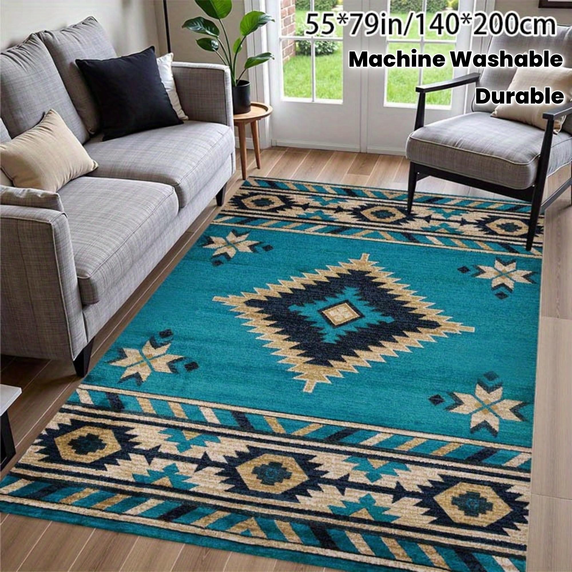 Tapis de sol géométrique marocain en velours, orné de bleu turquoise et doré, idéal pour une décoration intérieure moderne et traditionnelle dans les salons, chambres et bureaux | Esthétique contemporaine, tapis de solOuvrir dans un nouvel 