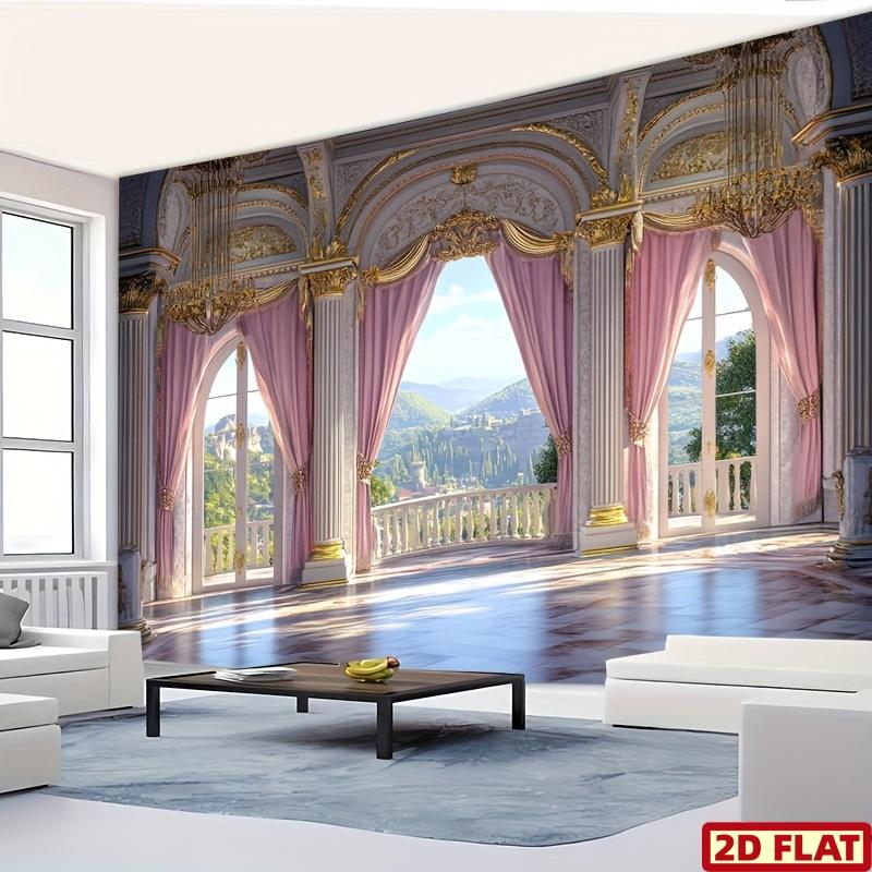2D Plat, Bannière 2D Plate, 1 rouleau de fond de palais européen de luxe avec design de papier peint baroque rose et doré - Grand mur élégant tapissé pour salon, séances photo, événements - Alternative au papier peint auto-adhésif (2D Plat)