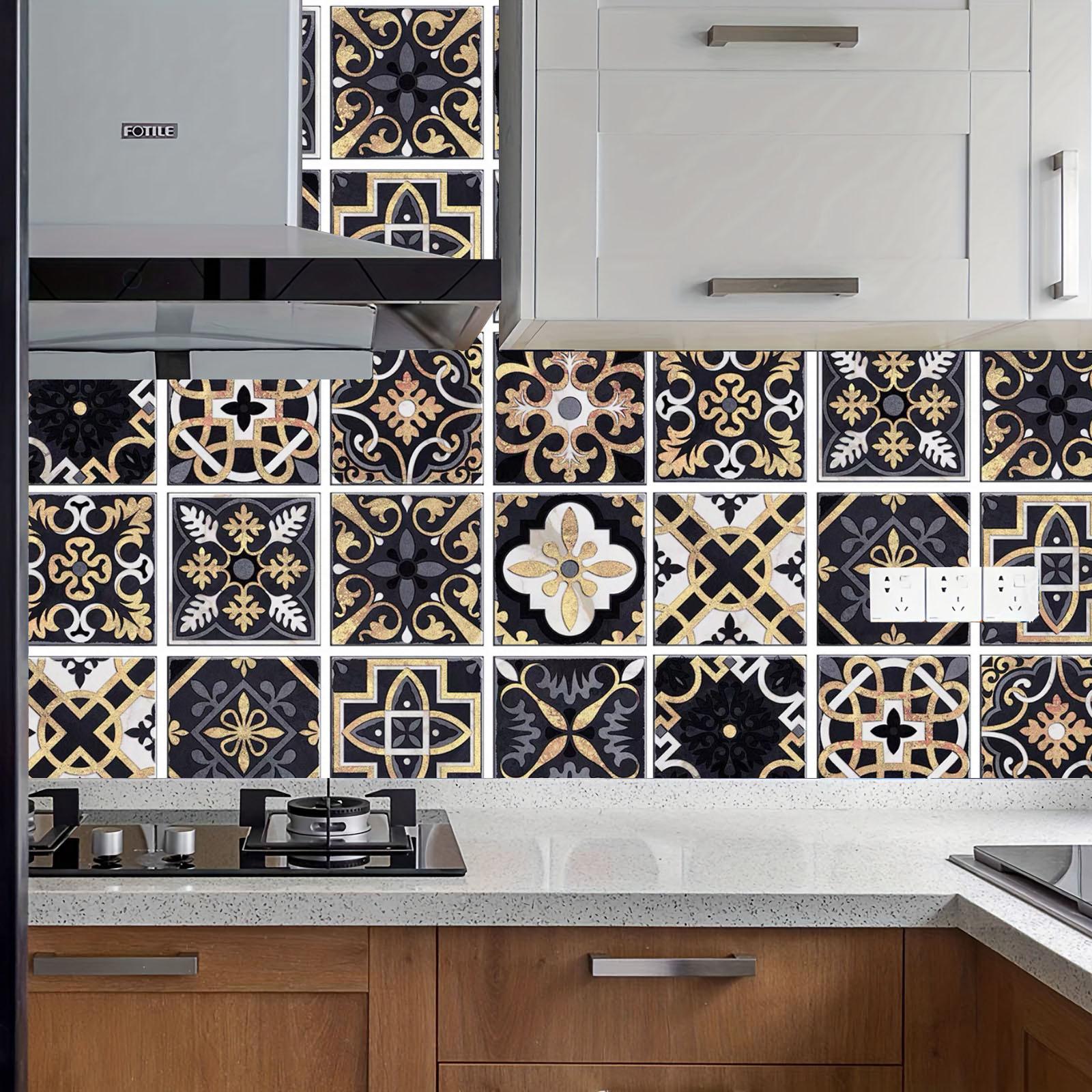 1 Ensemble de 12 pièces de stickers muraux de style marocain, film de revêtement décoratif, stickers de carrelage, panneau arrière, décapage et stickers de carrelage, stickers muraux résistants à la chaleur et à l'humidité, décoration intér