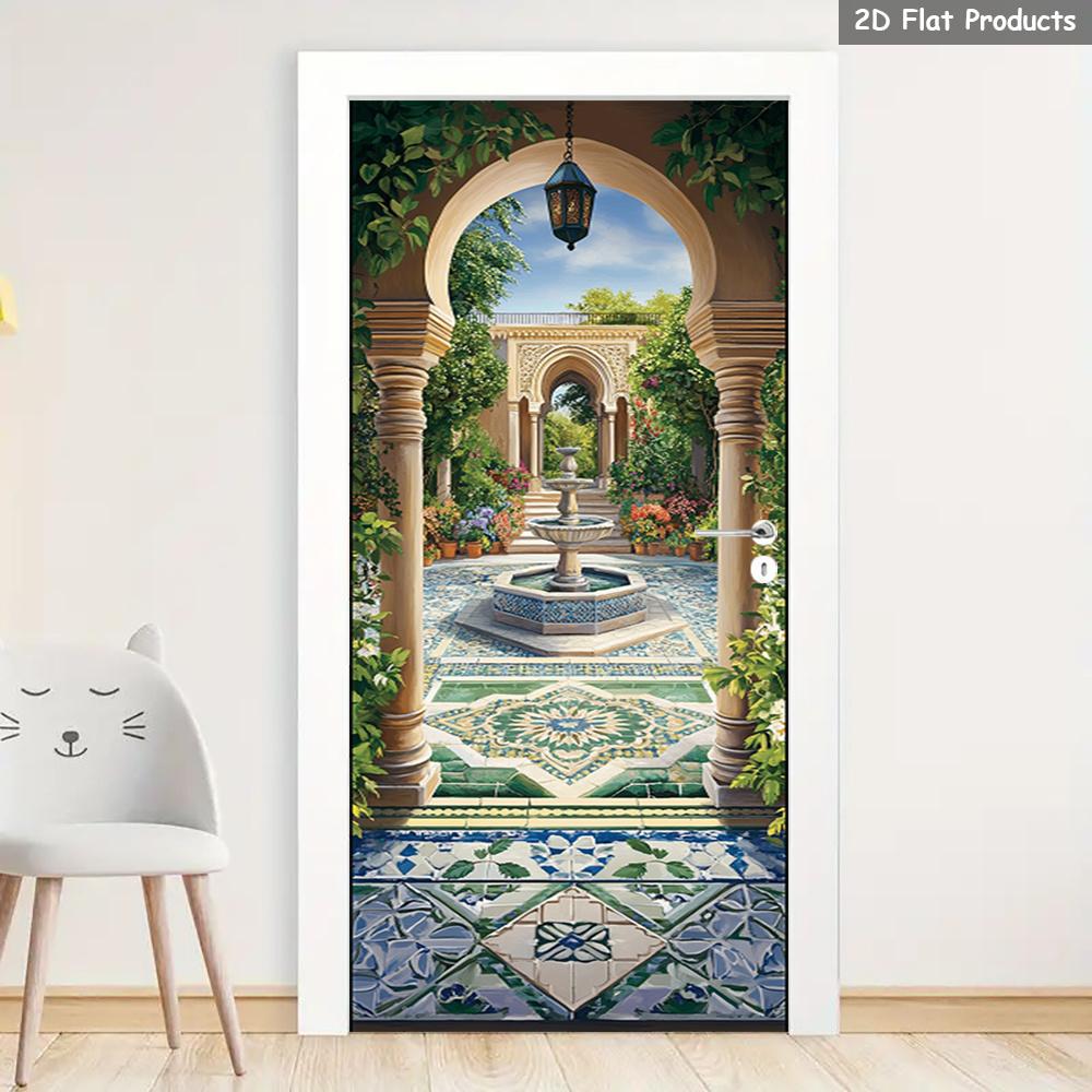 1 Paire de Fresques Murales Amovibles Style Marocain pour Porte et Mur - Papier Peint Adhésif Arche Ornée Adapté à une Utilisation Extérieure, Application sans Colle/Outils, Décoration Vue Cour et Jardin, Couche Amovible Peignable, 2D Plat