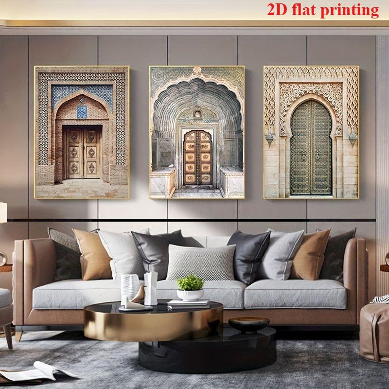 Ensemble de 3 pièces 2D plat, 2D plat, 2D plat avec 2D d'art mural de porte vintage marocaine et indienne imprimé en plat, parfait pour décorer les chambres et les salons. Cette décoration est un cadeau attentionné.