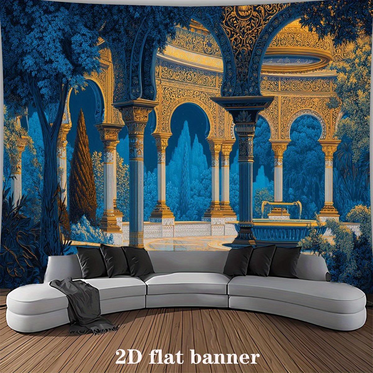 Papier peint adhésif islamique de luxe 2D plat, 1 pièce - Bannière arabe à coller et décoller idéale pour mariages, Ramadan/décoration, thème Nuit arabe - Saphir minuit/tons, installation facile, toile durable (sans électricité), 2D plat