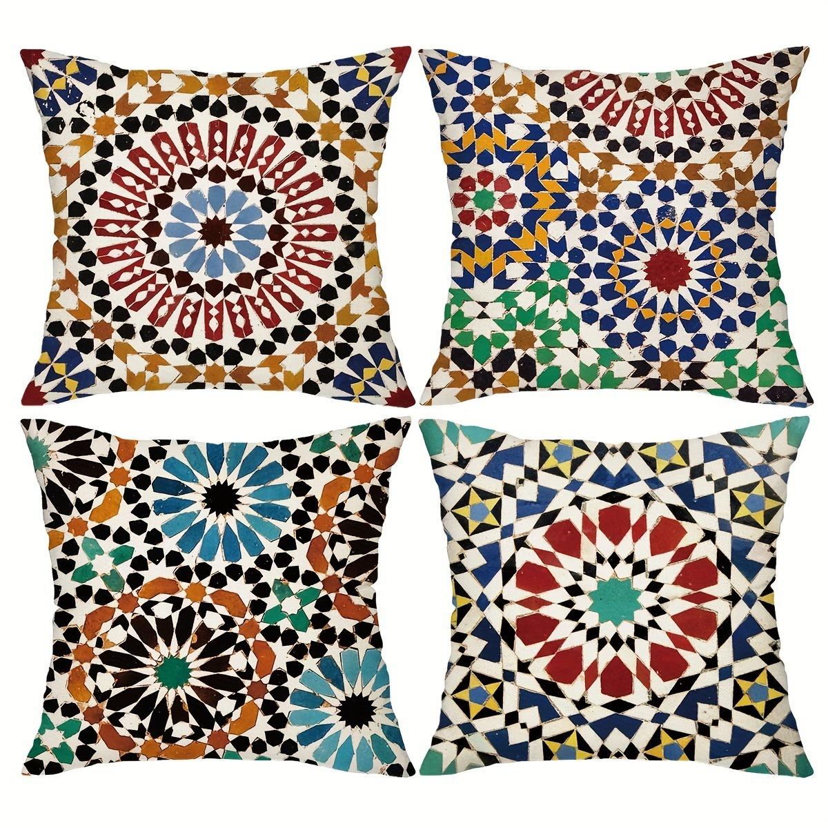 Ensemble de 4 pièces à face unique, style marocain, motif de mosaïque circulaire géométrique abstrait, doux et agréable pour la peau, fibre de polyester, convient aux canapés de salon modernes et à tous les types de pièces