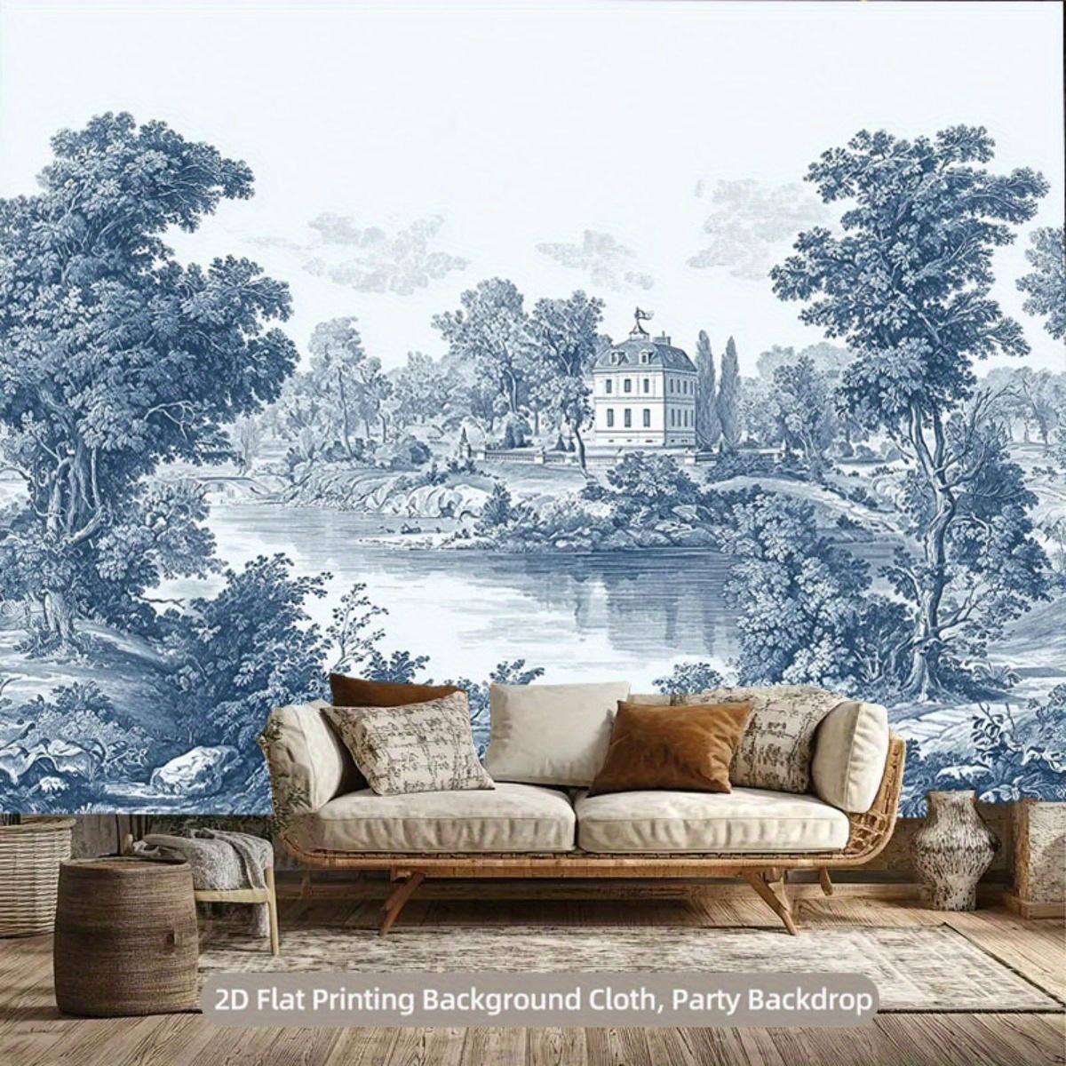 Papier peint mural plat 2D extra-large, paysage néerlandais bleu et blanc - Rouleau adhésif grand format (1 panneau) pour mariages, fêtes - Facile à installer et amovible pour intérieur/extérieur - Maisons, arbres, rivière, plat 2D