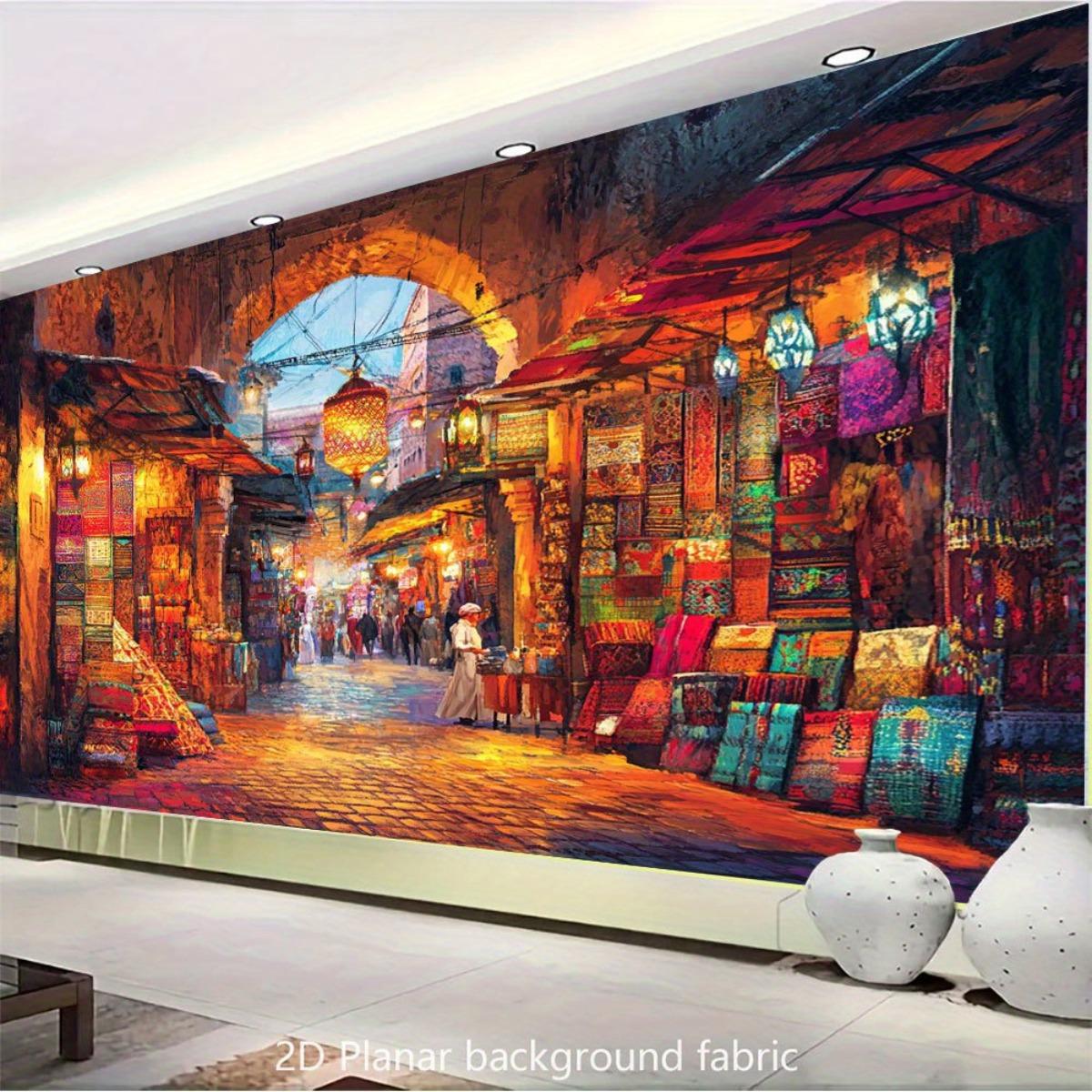 Tenture Murale 2D Plate, Marché de Rue Marocain - Grande Décoration Boho Marocaine avec Design Jemaa el-Fnaa Marrakech, Tons Chauds Doré/Marron/Orange/Rouge/Vert - Facile à Nettoyer pour Salon, Mariage, Fond de Fête - Exotique Marocain, 2D 
