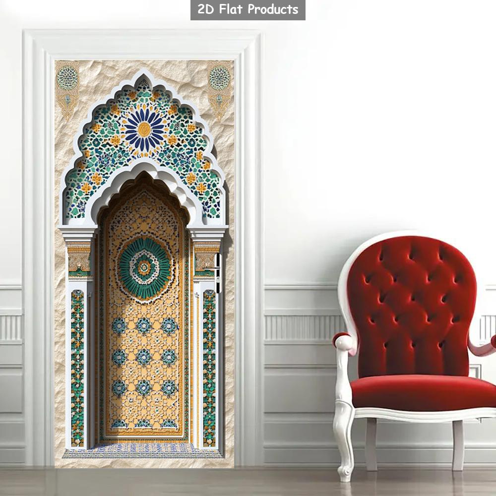 2D Plat 1 Paire de Murales à Motifs Intriqués, Autocollant Mural de Porte au Design Arabesque, Autocollants d'Art Muraux Auto-Adhésifs de Luxe pour la Maison, Décalcomanies Murales de Porte de Style Marocain, Décoration Murale de Décor Exot