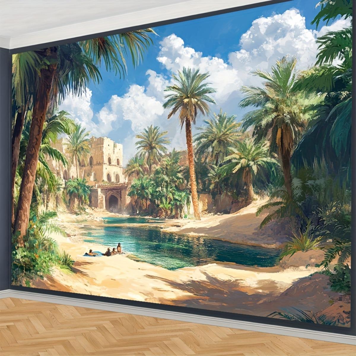 Toile de Fond Scénique Oasis du Désert - Grande Mural Réaliste de Palmiers et Plage de Sable avec Eaux Turquoise, Paysage Désertique Arabe et Architecture Arabe - ou Papier Peint Amovible Adhésif pour Fêtes Intérieures/Extérieures