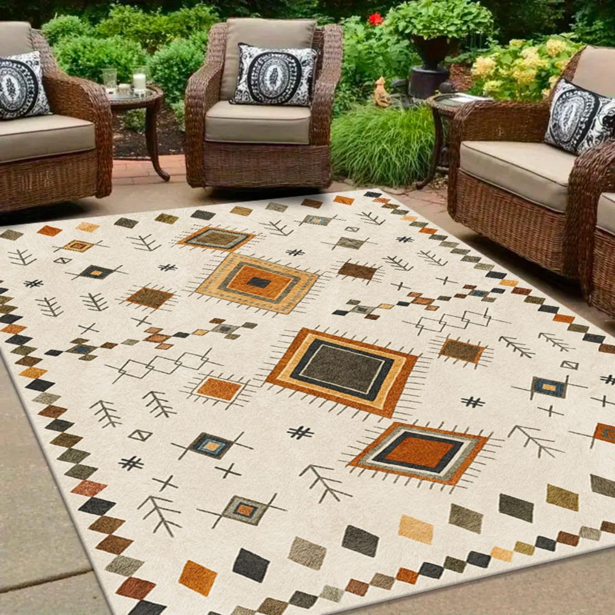 Tapis Marocain Bohème 2025 avec Imprimé Bohème Marocain - Moderne pour Intérieur/Extérieur, Adapté aux Zones à Fort Passage, Patio - Lavable à la Main, Plusieurs Tailles (Rectangulaire), Design Machine à Motifs Traditionnels Marocains