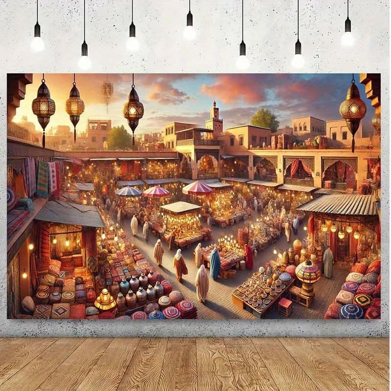 Tenture Murale en Polyester 2D Plat, [Bannière Flottante] 1pc Scène du Marché de Marrakech Décor Vibrant Paysage Urbain marocains pour Salon Chambre Bureau Maison Fête Pas d'Installation Requise Couleurs Mélangées, 2D
