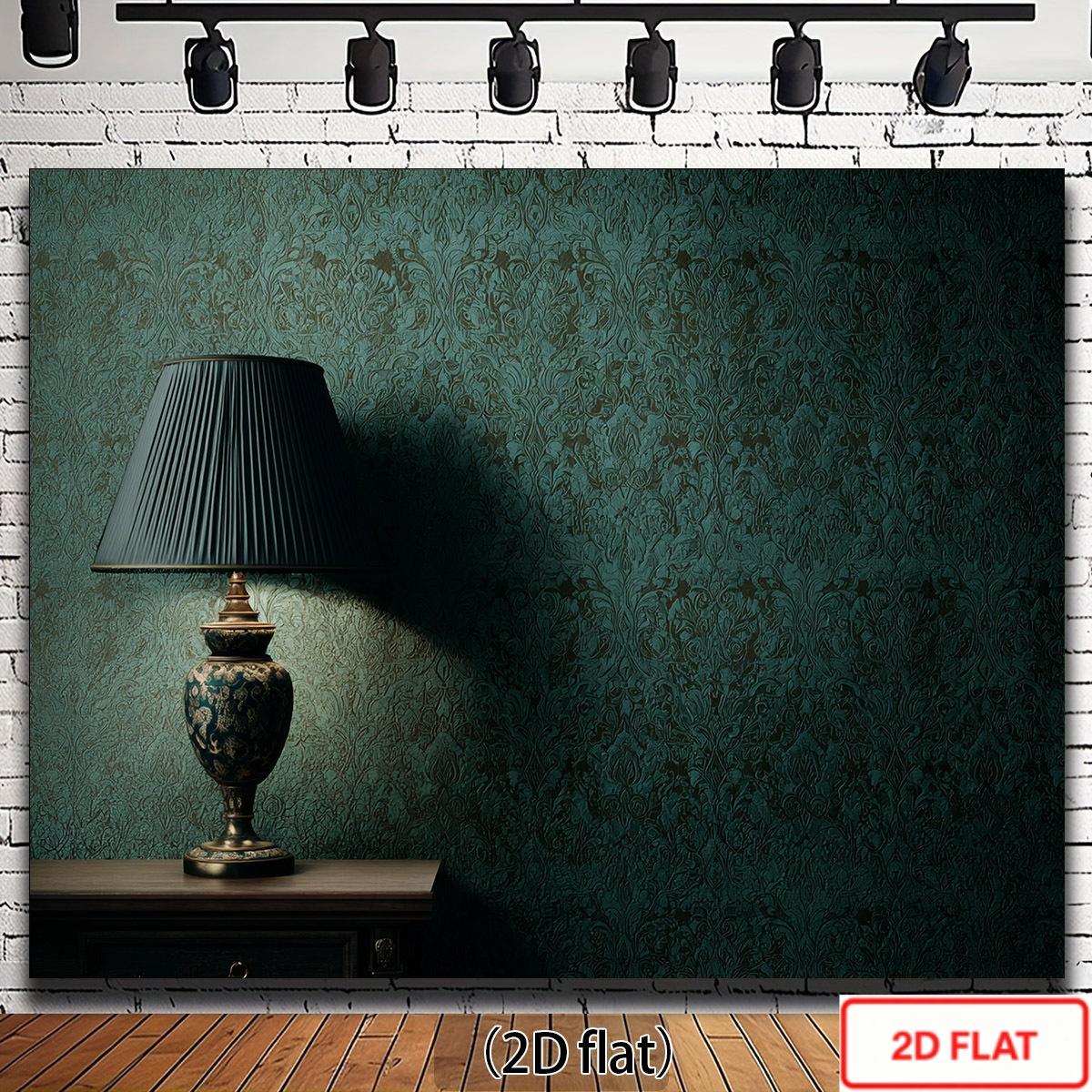 2D Plat, 2D Plat - 2D Plat, 2D Plat - Surface 2D Plat, 1 Feuille de Papier Peint Auto-Adhésif Vert Foncé Doré Floral, Convient pour Mariages/Maison – Panneau Décollable Luxueux et Élégant avec Design de Porte-Lampe, Installation Facile